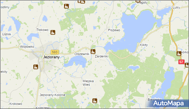 mapa Żardeniki gmina Jeziorany, Żardeniki gmina Jeziorany na mapie Targeo