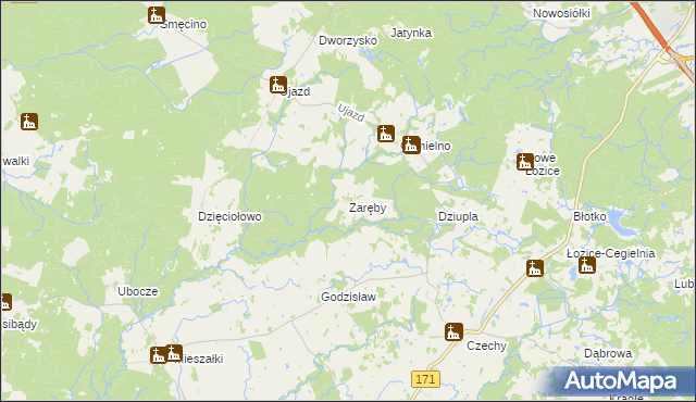 mapa Zaręby gmina Bobolice, Zaręby gmina Bobolice na mapie Targeo