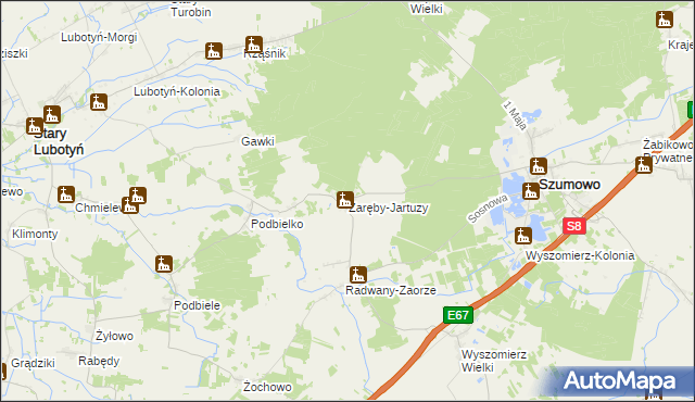 mapa Zaręby-Jartuzy, Zaręby-Jartuzy na mapie Targeo