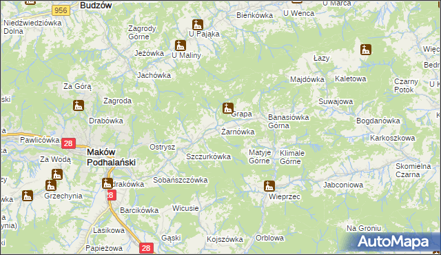 mapa Żarnówka gmina Maków Podhalański, Żarnówka gmina Maków Podhalański na mapie Targeo