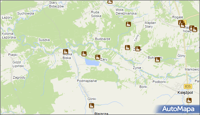 mapa Żary gmina Biszcza, Żary gmina Biszcza na mapie Targeo