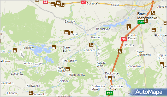 mapa Zarzecze gmina Rawa Mazowiecka, Zarzecze gmina Rawa Mazowiecka na mapie Targeo