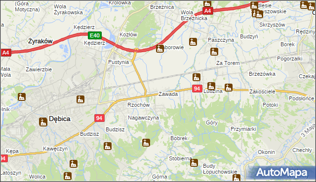 mapa Zawada gmina Dębica, Zawada gmina Dębica na mapie Targeo