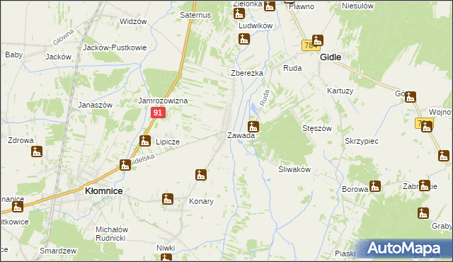 mapa Zawada gmina Kłomnice, Zawada gmina Kłomnice na mapie Targeo