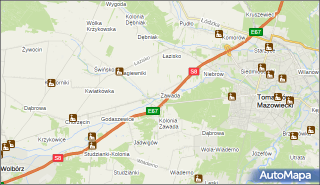 mapa Zawada gmina Tomaszów Mazowiecki, Zawada gmina Tomaszów Mazowiecki na mapie Targeo