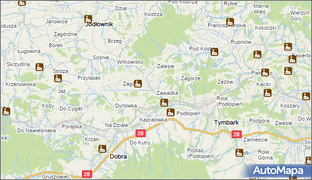 mapa Zawadka gmina Tymbark, Zawadka gmina Tymbark na mapie Targeo