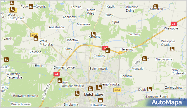 mapa Zawady gmina Bełchatów, Zawady gmina Bełchatów na mapie Targeo