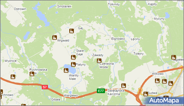 mapa Zawady gmina Olsztynek, Zawady gmina Olsztynek na mapie Targeo