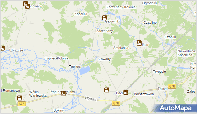 mapa Zawady gmina Turośń Kościelna, Zawady gmina Turośń Kościelna na mapie Targeo