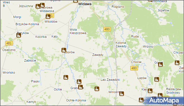 mapa Zawady gmina Widawa, Zawady gmina Widawa na mapie Targeo