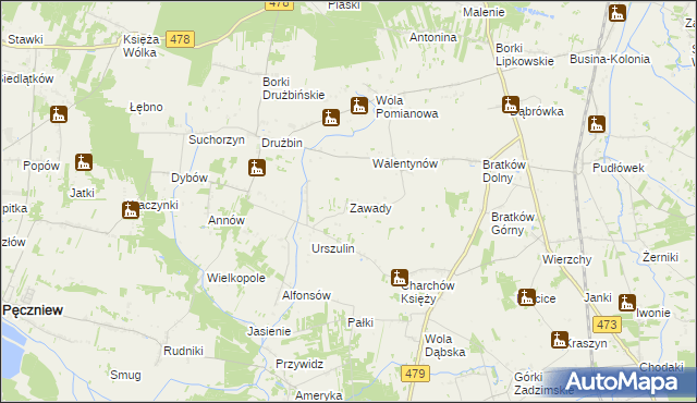 mapa Zawady gmina Zadzim, Zawady gmina Zadzim na mapie Targeo