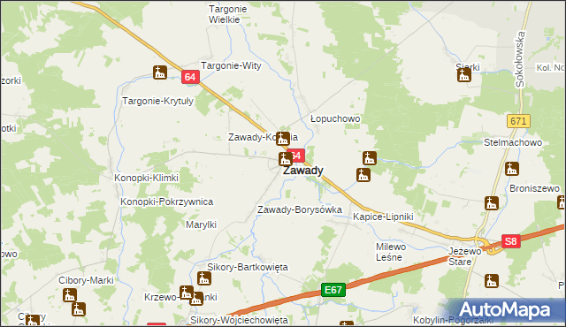 mapa Zawady powiat białostocki, Zawady powiat białostocki na mapie Targeo