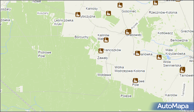 mapa Zawały gmina Rzeczniów, Zawały gmina Rzeczniów na mapie Targeo
