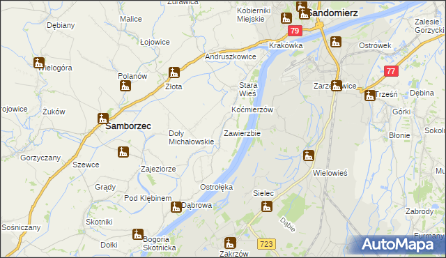 mapa Zawierzbie gmina Samborzec, Zawierzbie gmina Samborzec na mapie Targeo