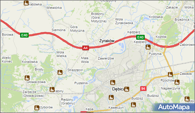mapa Zawierzbie gmina Żyraków, Zawierzbie gmina Żyraków na mapie Targeo