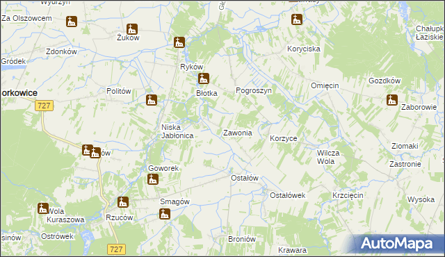 mapa Zawonia gmina Chlewiska, Zawonia gmina Chlewiska na mapie Targeo