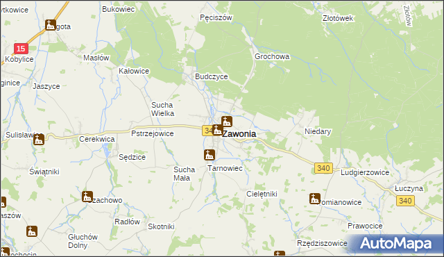 mapa Zawonia powiat trzebnicki, Zawonia powiat trzebnicki na mapie Targeo