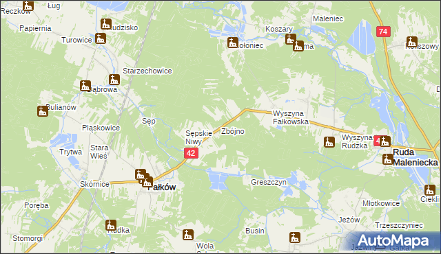 mapa Zbójno gmina Fałków, Zbójno gmina Fałków na mapie Targeo