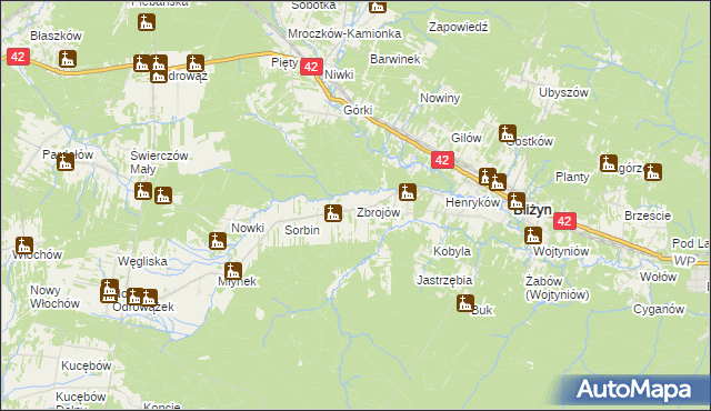 mapa Zbrojów gmina Bliżyn, Zbrojów gmina Bliżyn na mapie Targeo