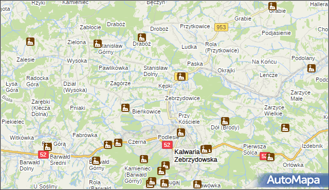 mapa Zebrzydowice gmina Kalwaria Zebrzydowska, Zebrzydowice gmina Kalwaria Zebrzydowska na mapie Targeo