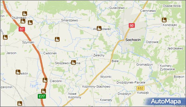 mapa Żelechy gmina Sochocin, Żelechy gmina Sochocin na mapie Targeo