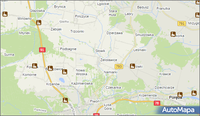 mapa Żelisławice gmina Siewierz, Żelisławice gmina Siewierz na mapie Targeo