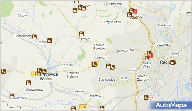 mapa Żerdziny gmina Pietrowice Wielkie, Żerdziny gmina Pietrowice Wielkie na mapie Targeo