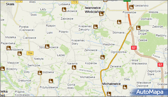 mapa Żerkowice gmina Iwanowice, Żerkowice gmina Iwanowice na mapie Targeo