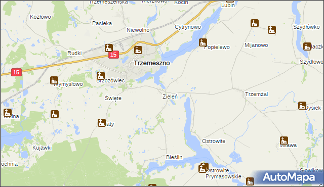 mapa Zieleń gmina Trzemeszno, Zieleń gmina Trzemeszno na mapie Targeo