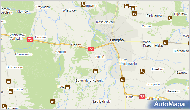 mapa Zieleń gmina Uniejów, Zieleń gmina Uniejów na mapie Targeo