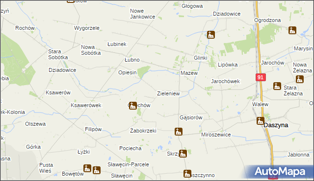 mapa Zieleniew gmina Daszyna, Zieleniew gmina Daszyna na mapie Targeo