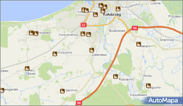 mapa Zieleniewo gmina Kołobrzeg, Zieleniewo gmina Kołobrzeg na mapie Targeo