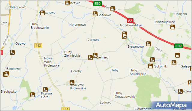 mapa Zieliniec gmina Kołaczkowo, Zieliniec gmina Kołaczkowo na mapie Targeo