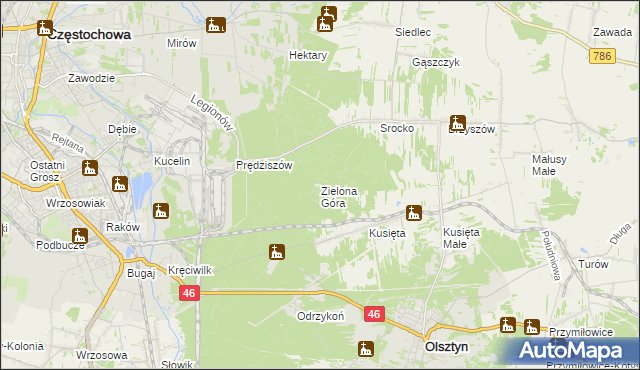 mapa Zielona Góra gmina Olsztyn, Zielona Góra gmina Olsztyn na mapie Targeo