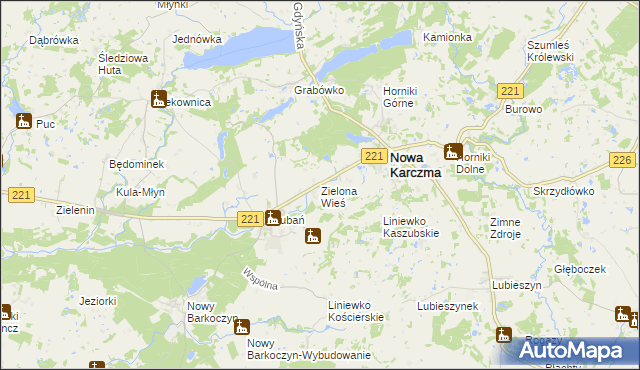 mapa Zielona Wieś gmina Nowa Karczma, Zielona Wieś gmina Nowa Karczma na mapie Targeo