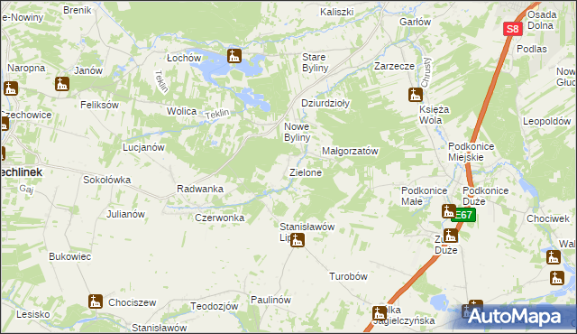 mapa Zielone gmina Rawa Mazowiecka, Zielone gmina Rawa Mazowiecka na mapie Targeo