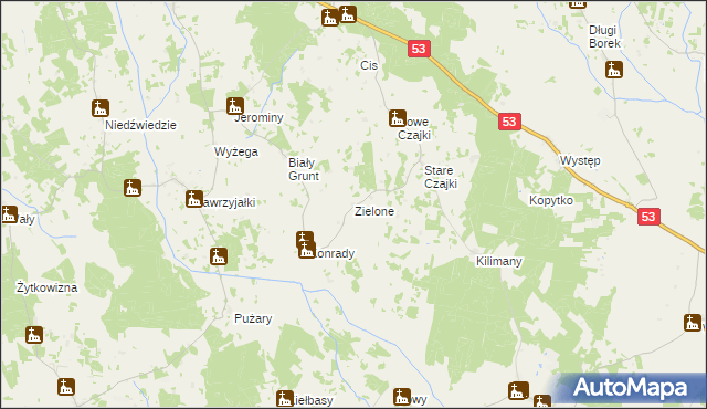 mapa Zielone gmina Świętajno, Zielone gmina Świętajno na mapie Targeo