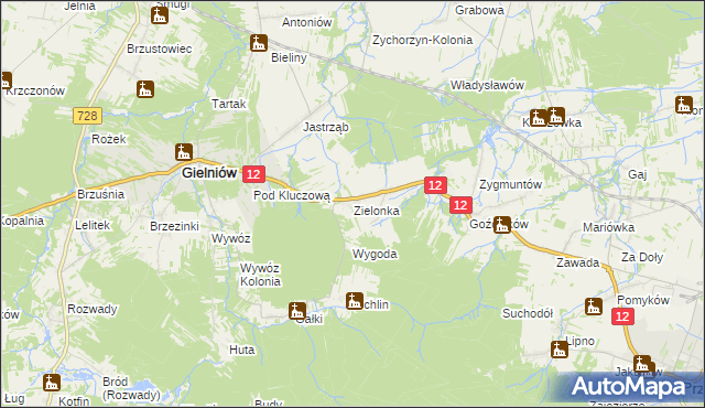 mapa Zielonka gmina Gielniów, Zielonka gmina Gielniów na mapie Targeo