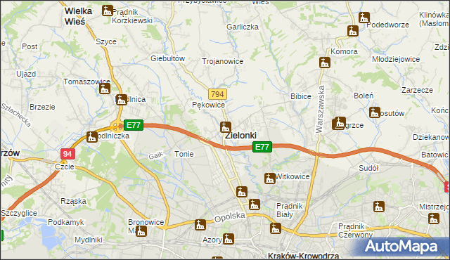 mapa Zielonki powiat krakowski, Zielonki powiat krakowski na mapie Targeo