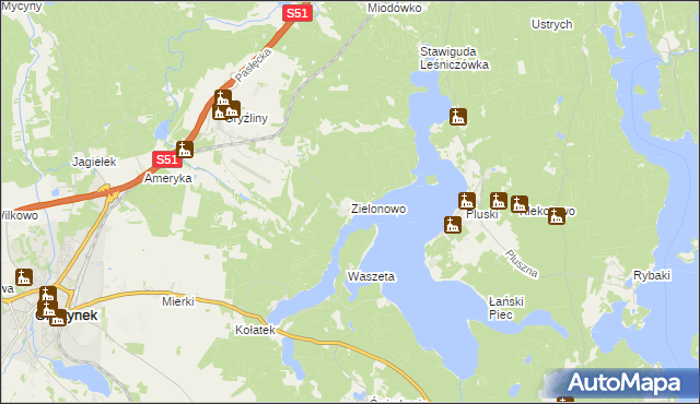 mapa Zielonowo gmina Stawiguda, Zielonowo gmina Stawiguda na mapie Targeo