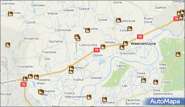 mapa Złotniki gmina Igołomia-Wawrzeńczyce, Złotniki gmina Igołomia-Wawrzeńczyce na mapie Targeo