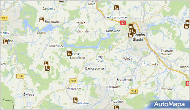 mapa Złoty Potok gmina Leśna, Złoty Potok gmina Leśna na mapie Targeo