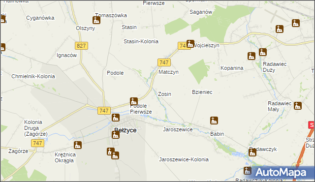 mapa Zosin gmina Bełżyce, Zosin gmina Bełżyce na mapie Targeo