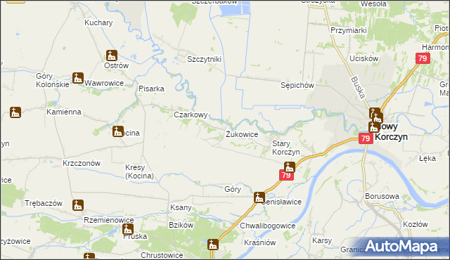 mapa Żukowice gmina Nowy Korczyn, Żukowice gmina Nowy Korczyn na mapie Targeo