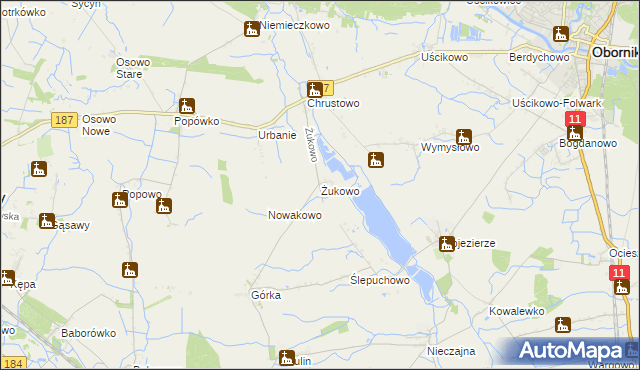 mapa Żukowo gmina Oborniki, Żukowo gmina Oborniki na mapie Targeo