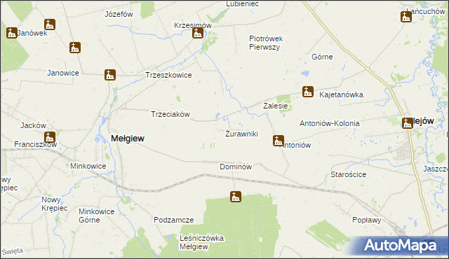 mapa Żurawniki gmina Mełgiew, Żurawniki gmina Mełgiew na mapie Targeo