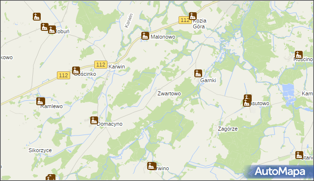 mapa Zwartowo gmina Karlino, Zwartowo gmina Karlino na mapie Targeo