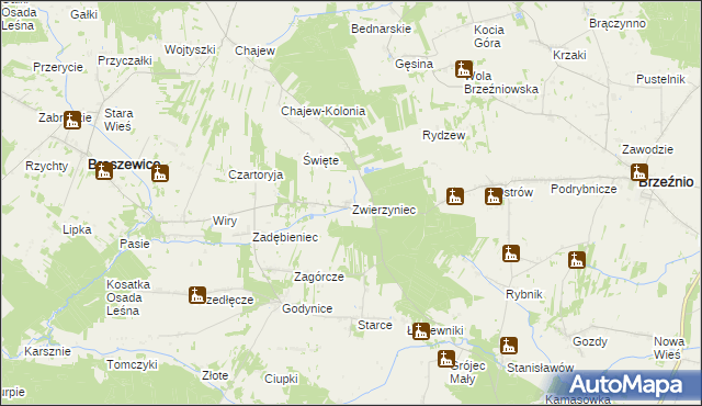 mapa Zwierzyniec gmina Brąszewice, Zwierzyniec gmina Brąszewice na mapie Targeo