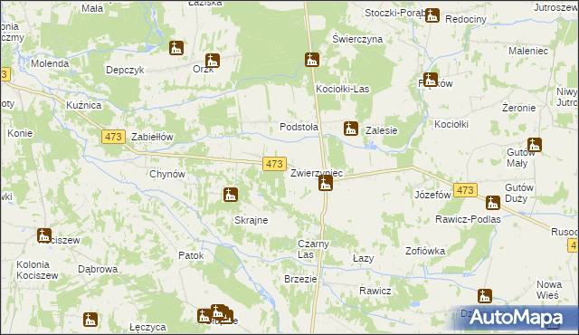 mapa Zwierzyniec gmina Drużbice, Zwierzyniec gmina Drużbice na mapie Targeo