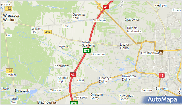 mapa Gorzelnia gmina Blachownia, Gorzelnia gmina Blachownia na mapie Targeo